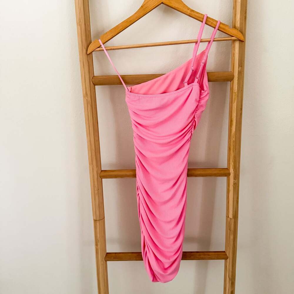 Princess Polly Pink Ribbed Ruched One Shoulder Mini Dress Size 0 XS Bodycon - Picture 5 of 9